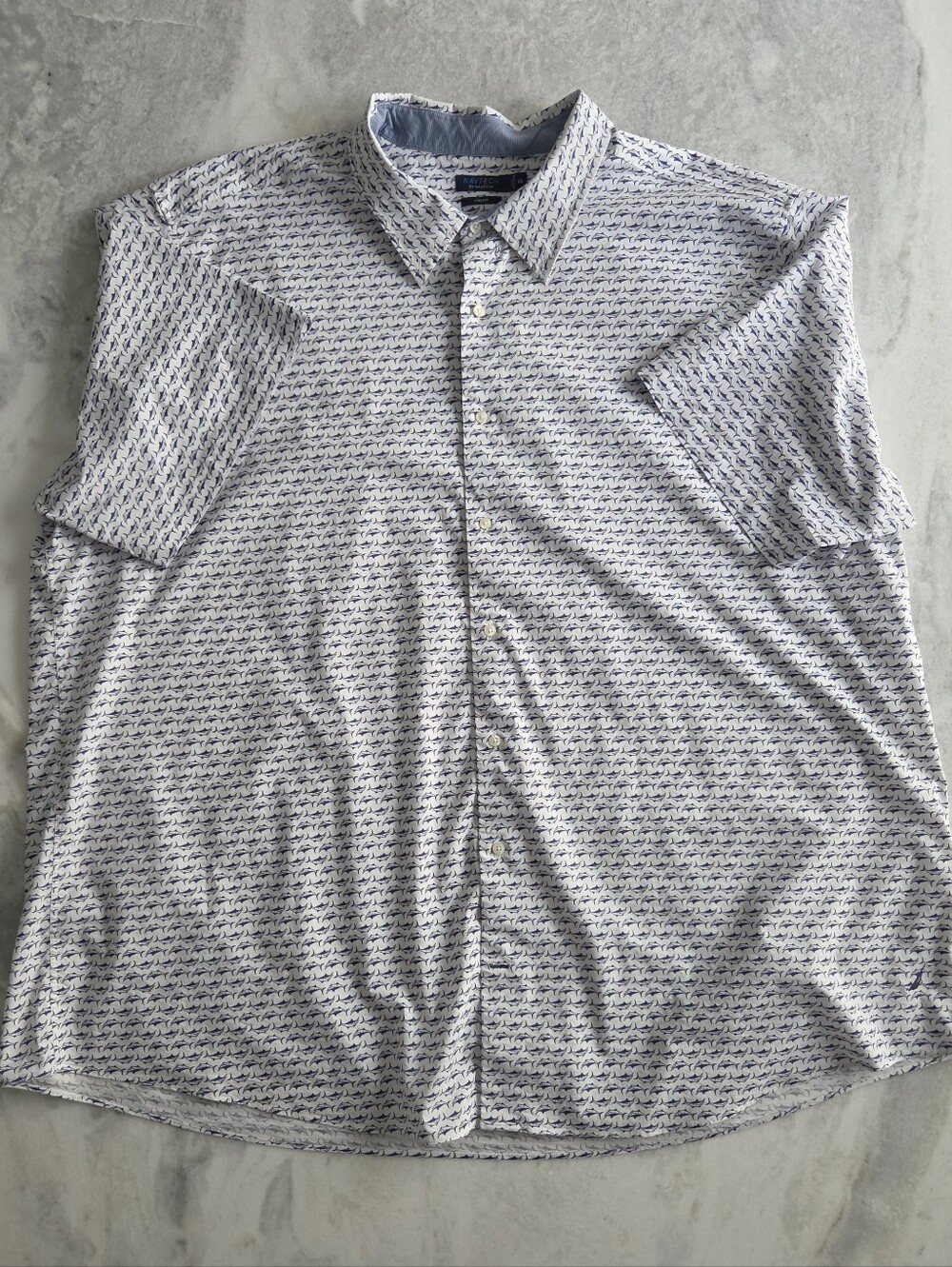 Nautica White Short-Sleeve Button-Down Shirt with Navy Micro Print